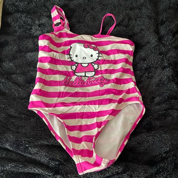 Hello Kitty S Little Girls Pink/White One Piece Striped Bathing Suit - Picture 1 of 7